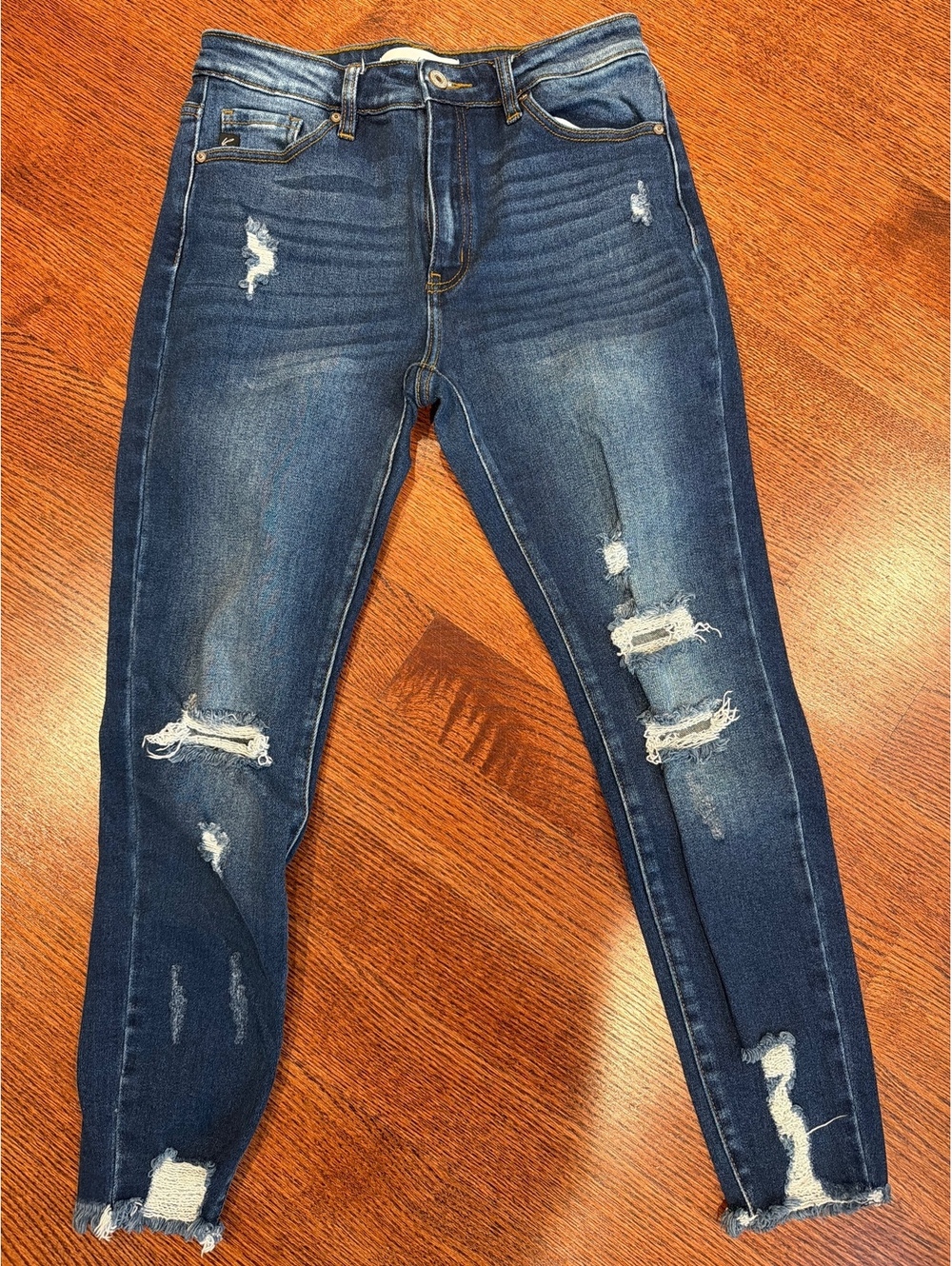 KanCan Dark Blue Distressed Skinny Jeans with Frayed Hem
